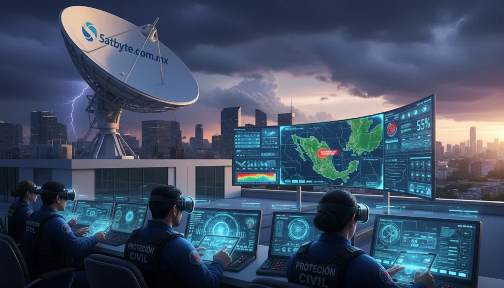 A high-tech emergency command center in Mexico, showcasing a large outdoor satellite antenna prominently labeled "Satbyte.com.mx" on the rooftop. In the foreground, emergency response personnel, dressed in professional attire, are engaged in coordinating activities, using advanced communication equipment. The middle ground features digital screens displaying live data and maps, illustrating critical situations. The background reveals a cityscape under a dramatic sky, hinting at a recent emergency, with clouds suggesting urgency and lighting casting dynamic shadows. The atmosphere is tense but focused, emphasizing the importance of satellite internet for civil protection in critical zones. The scene is well-lit, showcasing vibrant colors contrasted with shadowy areas to reflect the seriousness of emergency communications.
