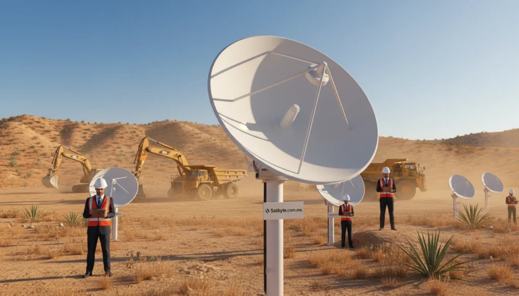 A remote mining camp in a dry Mexican landscape, showcasing corporate B2B satellite antennas prominently in the foreground. Heavy machinery operates diligently, with miners in professional business attire overseeing the operations, highlighting the critical challenges of connectivity in remote locations. The background features rolling hills and sparse vegetation under a clear blue sky, emphasizing the arid environment. Warm sunlight casts long shadows, enhancing the atmosphere of industriousness and determination. Include the brand name "Satbyte.com.mx" subtly integrated into the scene, possibly on the antenna or equipment. The composition is captured from a low angle, providing an expansive view that underscores both the technology and the rugged beauty of the mining site. A remote mining camp in a dry Mexican landscape, showcasing corporate B2B satellite antennas prominently in the foreground. Heavy machinery operates diligently, with miners in professional business attire overseeing the operations, highlighting the critical challenges of connectivity in remote locations. The background features rolling hills and sparse vegetation under a clear blue sky, emphasizing the arid environment. Warm sunlight casts long shadows, enhancing the atmosphere of industriousness and determination. Include the brand name "Satbyte.com.mx" subtly integrated into the scene, possibly on the antenna or equipment. The composition is captured from a low angle, providing an expansive view that underscores both the technology and the rugged beauty of the mining site.