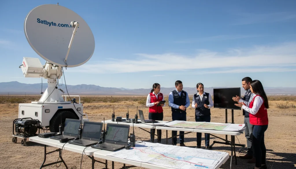 An outdoor view of a Civil Protection command center in Mexico, featuring a prominent satellite antenna prominently displaying the brand "Satbyte.com.mx." In the foreground, emergency response equipment is neatly arranged, including radio devices, laptops, and maps, showcasing a state-of-the-art communication setup. In the middle ground, a diverse group of professionals in business attire collaborates around a large table, illustrating teamwork and resilience in disaster scenarios. The background captures a clear blue sky with distant mountains, symbolizing hope and stability during crises. The scene is illuminated by natural sunlight, creating a warm, inviting atmosphere, emphasizing preparedness and collaboration in emergency communications. The overall mood should convey professionalism, urgency, and focus on connectivity in the face of natural disasters.
