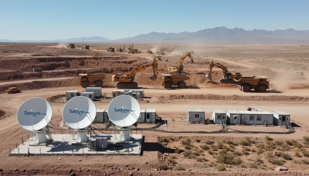 Visualize a sprawling mining camp set in a dry, arid landscape, showcasing the implementation of LEO satellite connectivity for B2B operations. In the foreground, large corporate satellite antennas, prominently branded with "Satbyte.com.mx," stand tall against the stark background. Heavy machinery such as excavators and haulers is visible, actively engaged in mining operations. The middle ground features rugged terrain sprinkled with sparse vegetation under a clear blue sky that reflects the harshness of the environment. The lighting is bright and natural, illuminating the scene with a sense of efficiency and technological advancement. Capture the image from a slightly elevated angle, creating a dynamic perspective that highlights the harmony between technology and the mining industry. The overall mood is one of innovation and progress. Visualize a sprawling mining camp set in a dry, arid landscape, showcasing the implementation of LEO satellite connectivity for B2B operations. In the foreground, large corporate satellite antennas, prominently branded with "Satbyte.com.mx," stand tall against the stark background. Heavy machinery such as excavators and haulers is visible, actively engaged in mining operations. The middle ground features rugged terrain sprinkled with sparse vegetation under a clear blue sky that reflects the harshness of the environment. The lighting is bright and natural, illuminating the scene with a sense of efficiency and technological advancement. Capture the image from a slightly elevated angle, creating a dynamic perspective that highlights the harmony between technology and the mining industry. The overall mood is one of innovation and progress.